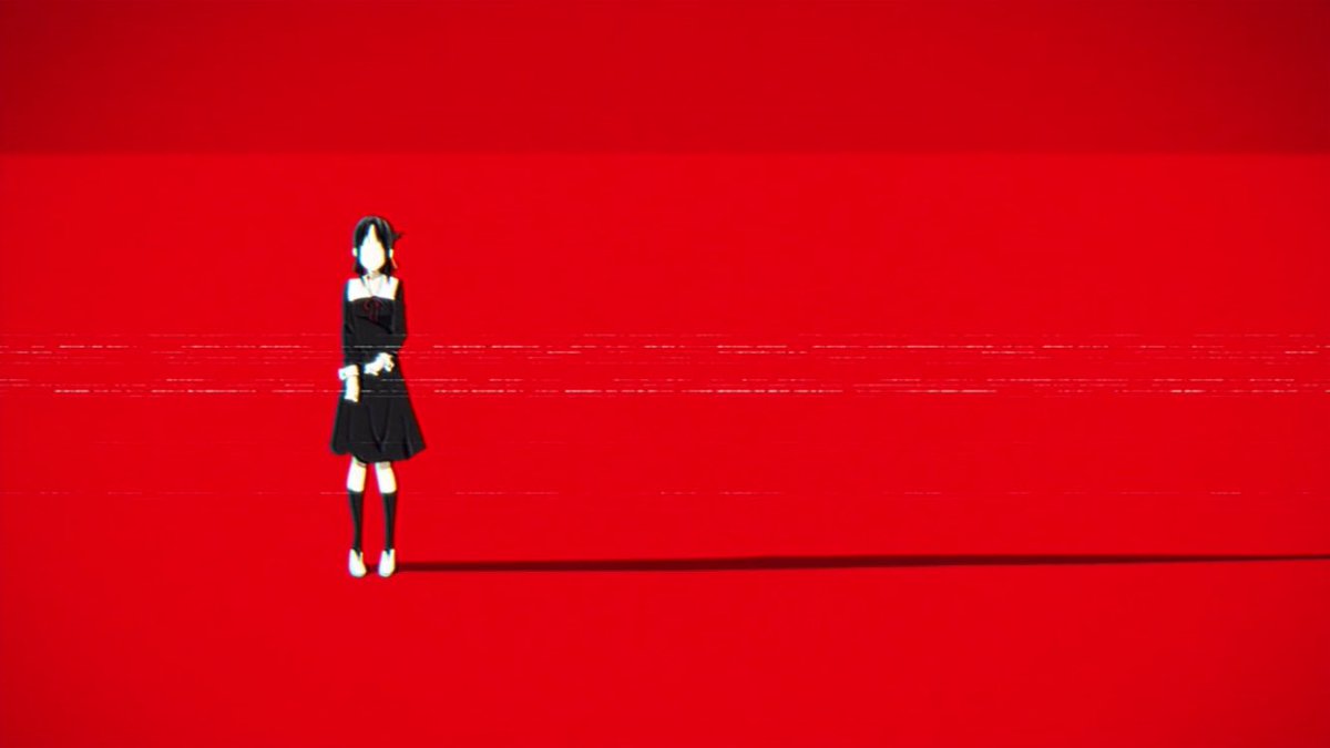 Kaguya stands against a stark red background