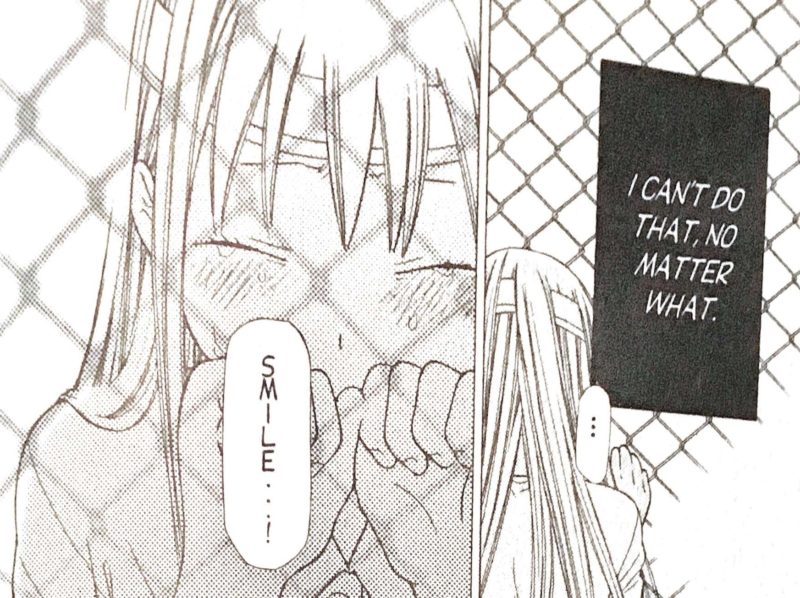 Tohru clutches a chain-link fence, crying, and says "Smile...!" Intennal text reads "I can't do that, no matter what."